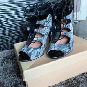 Chic Black and Gray Snakeskin Lace-Up Heels